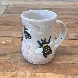 Studio Art Pottery Stoneware Mug 5" 3D Bee Motifs Speckled Glaze